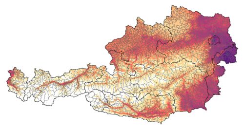 Kühlgradtage im 1 km x 1 km-Raster für das Jahr 2030,  Abb.: BOKU IRUB/Lore Abart-Heriszt