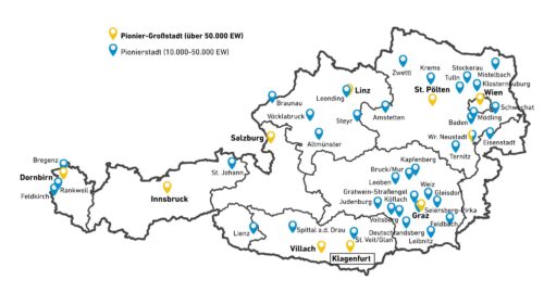 Karte: Österreichische Pionierstädte Mission "Klimaneutrale Stadt"